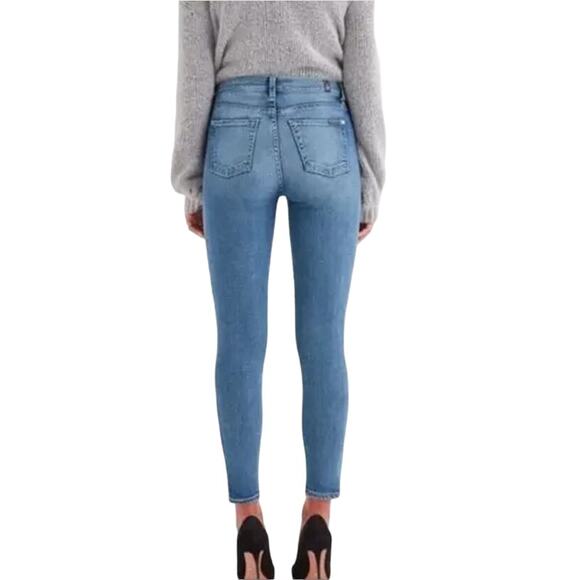 7 For All Mankind High Waist Ankle Skinny Blue Denim Silver Stripe Y2K Jeans 24 - Picture 2 of 15